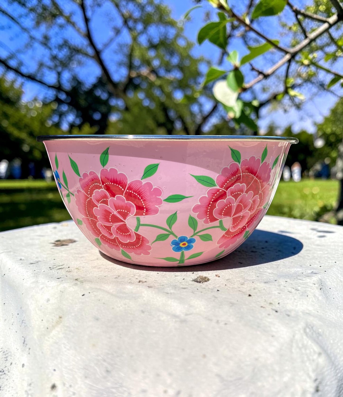 The Bamboo Bird hand-painted pink stainless steel and enamel bowl with floral design on a wooden surface