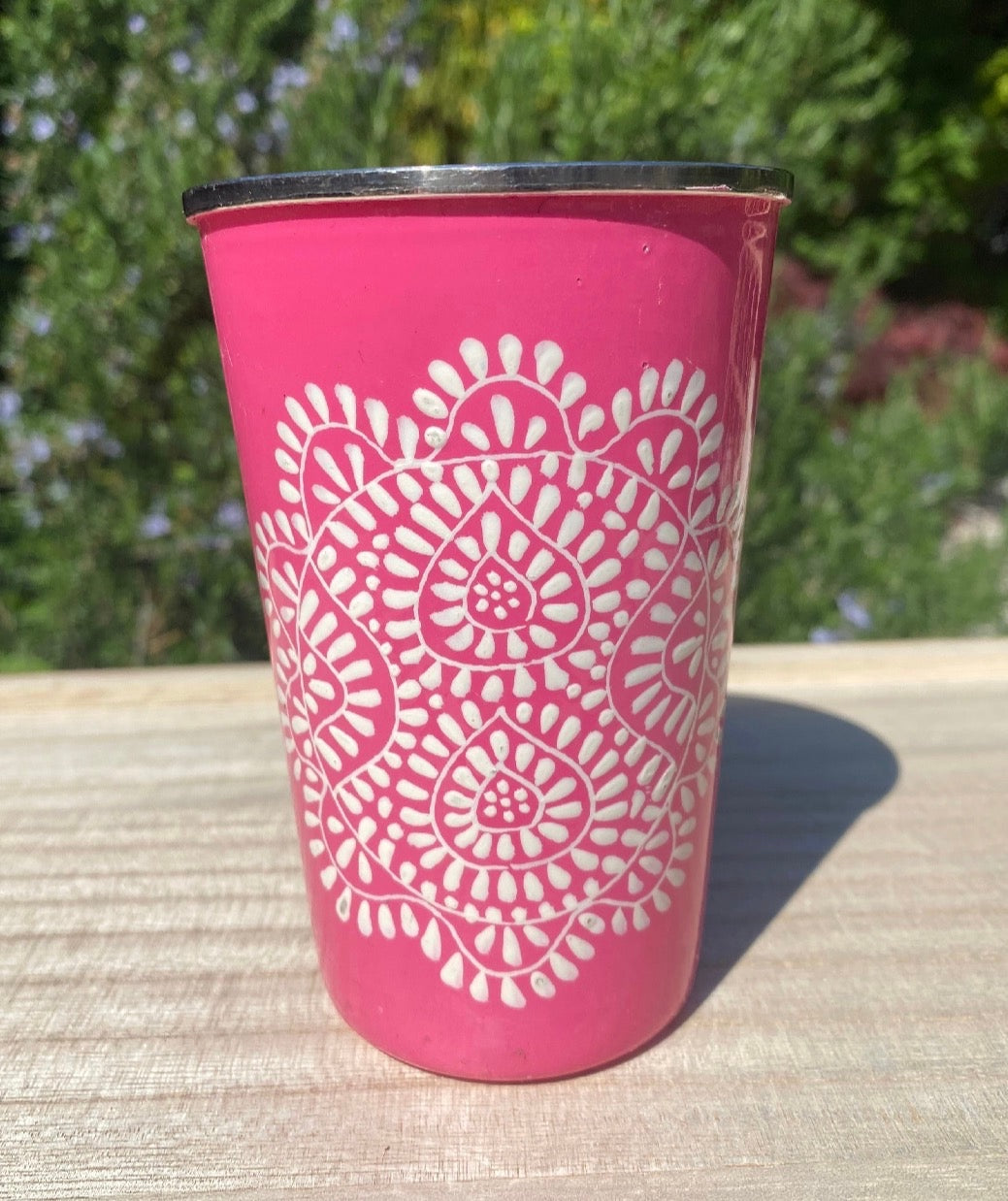 The Bamboo Bird pink stainless steel tumbler with intricate white hand-painted Kashmiri mandala pattern