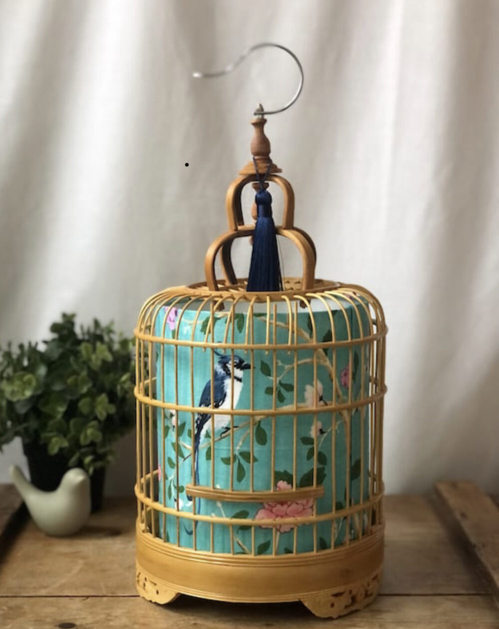 *natural bamboo birdcage lamp with turquoise chinoiserie shade