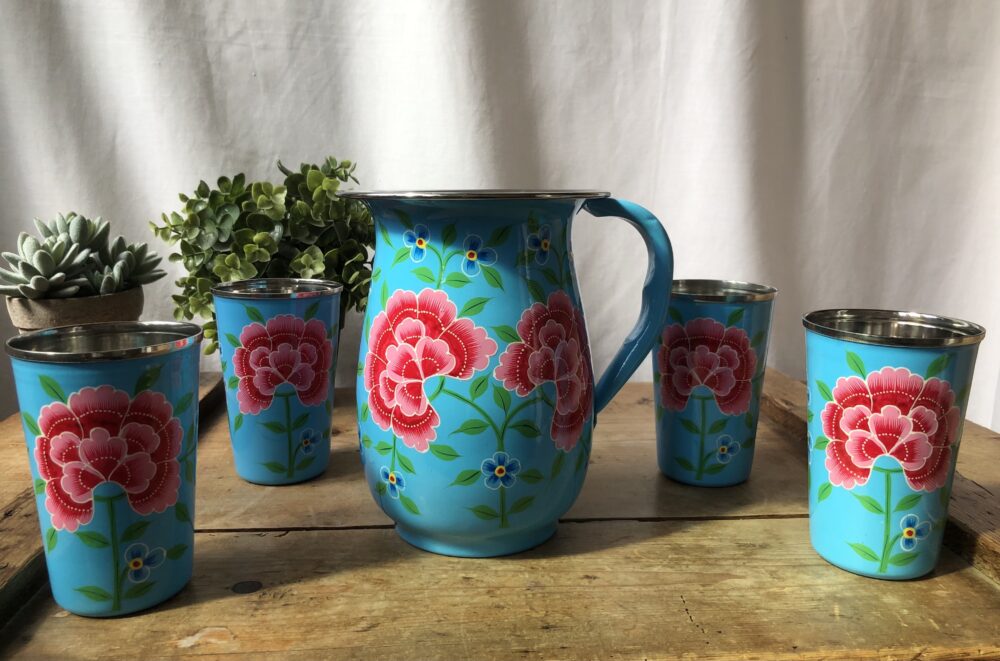 *light blue enamel jug and cups from kashmir