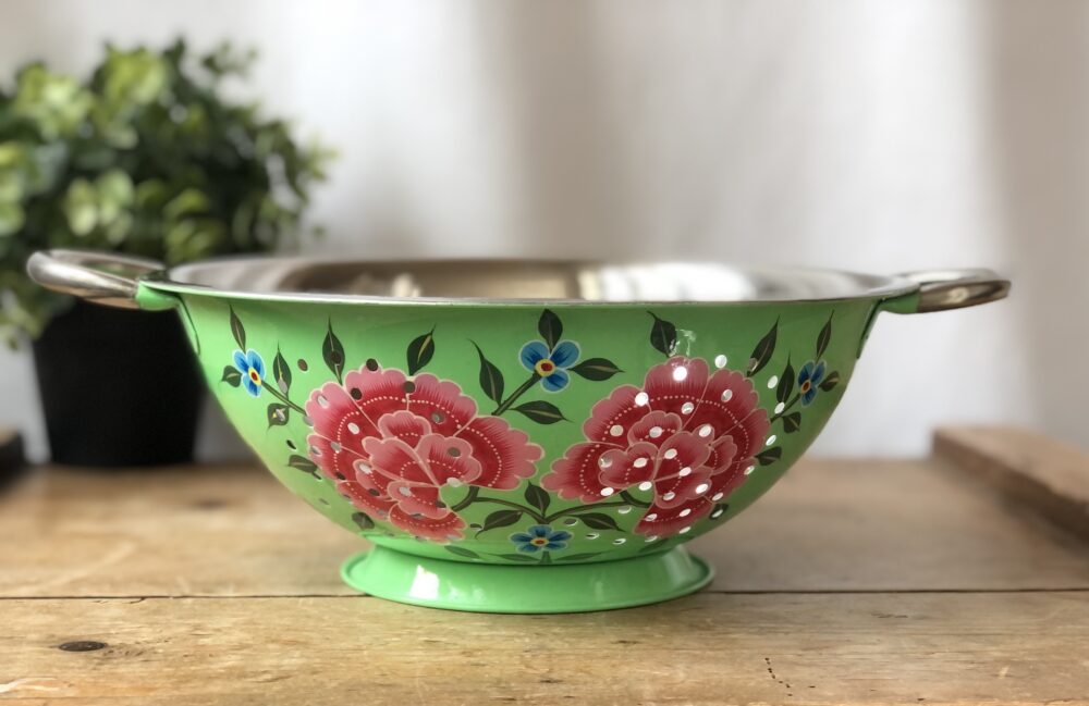 *green enamel colander from kashmir