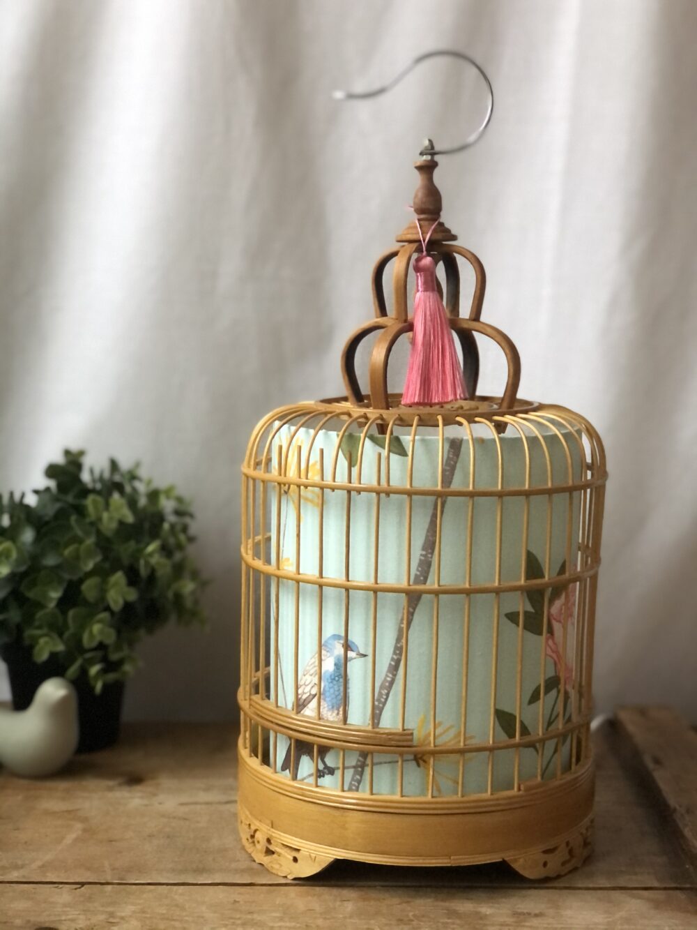 *natural bamboo birdcage lamp with pale green and blue bird shade