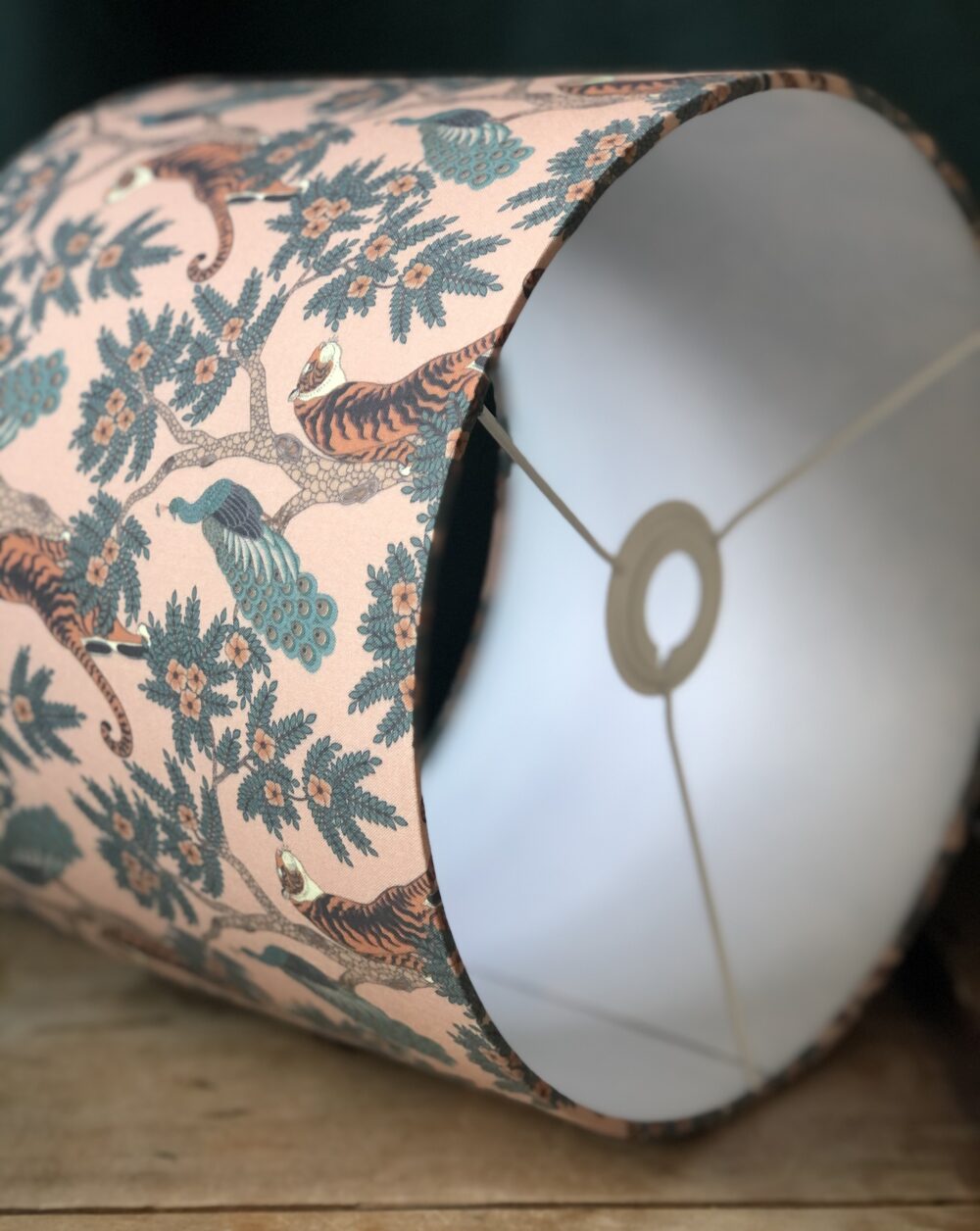 *side view tiger peacock lampshade in apricot