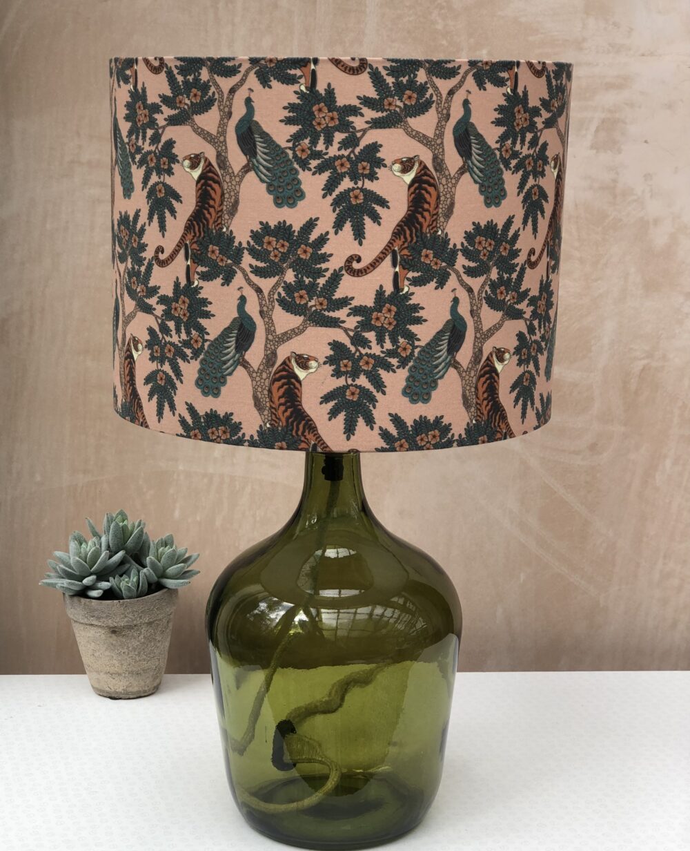 *apricot tiger and peacock lampshade on recycled glass lamp