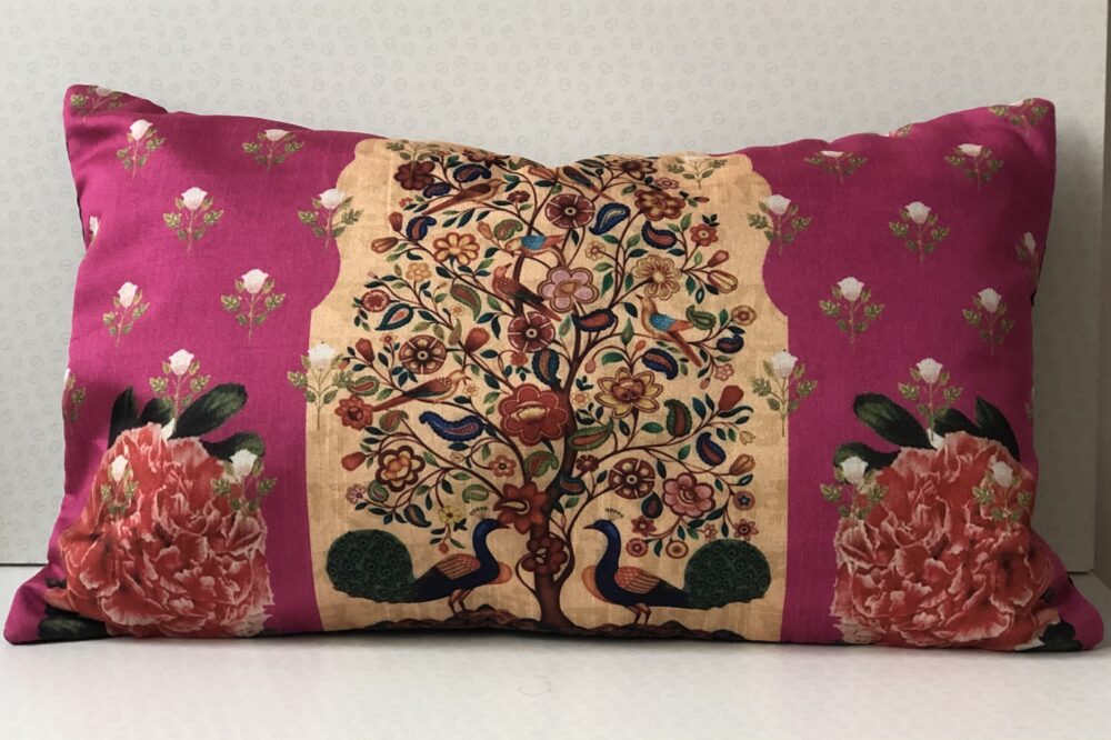*rectangular pink indian cushion with tree and peacock