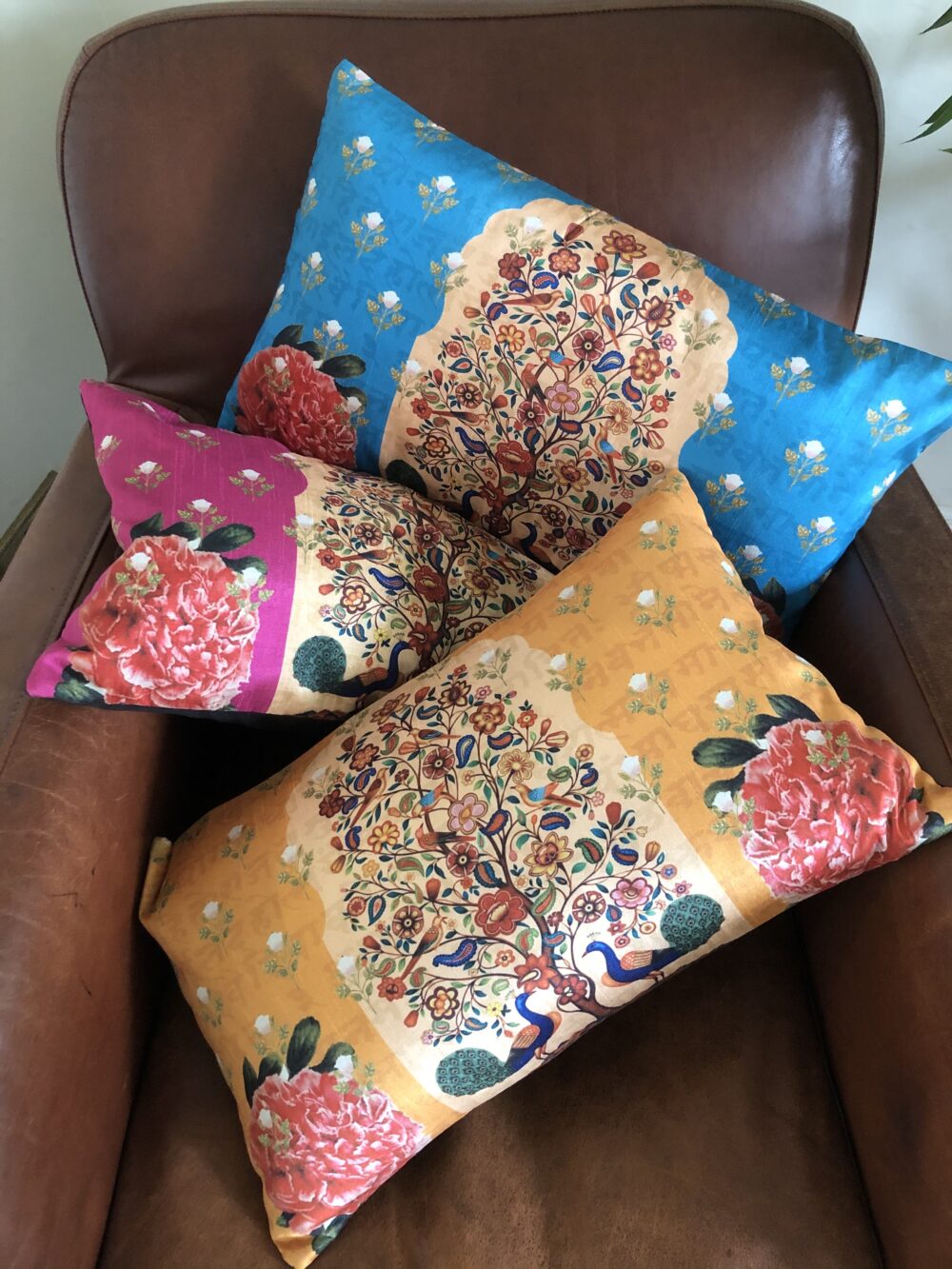 *3 indian peacock cushions in blue pink and orange