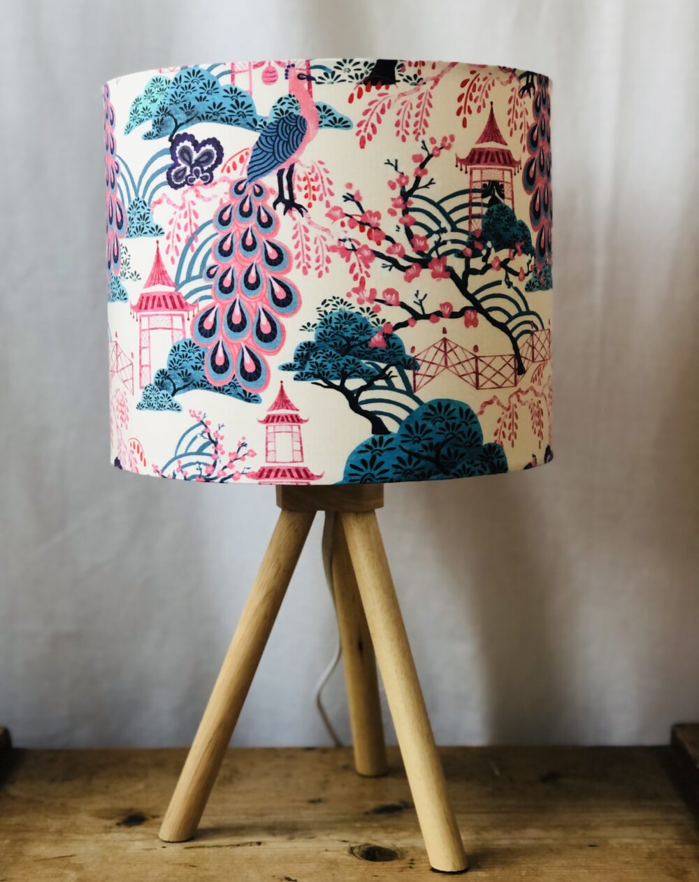 *small pink and blue chinoiserie shade on tripod lamp