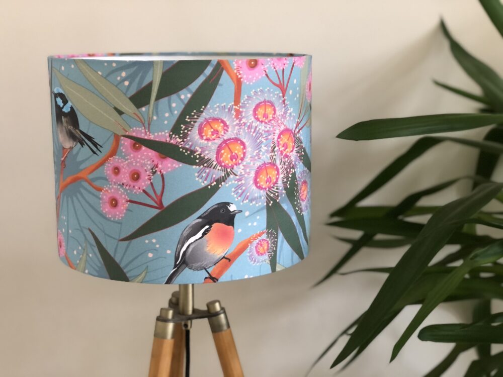 *pale blue chinoiserie lampshade with birds and leaves