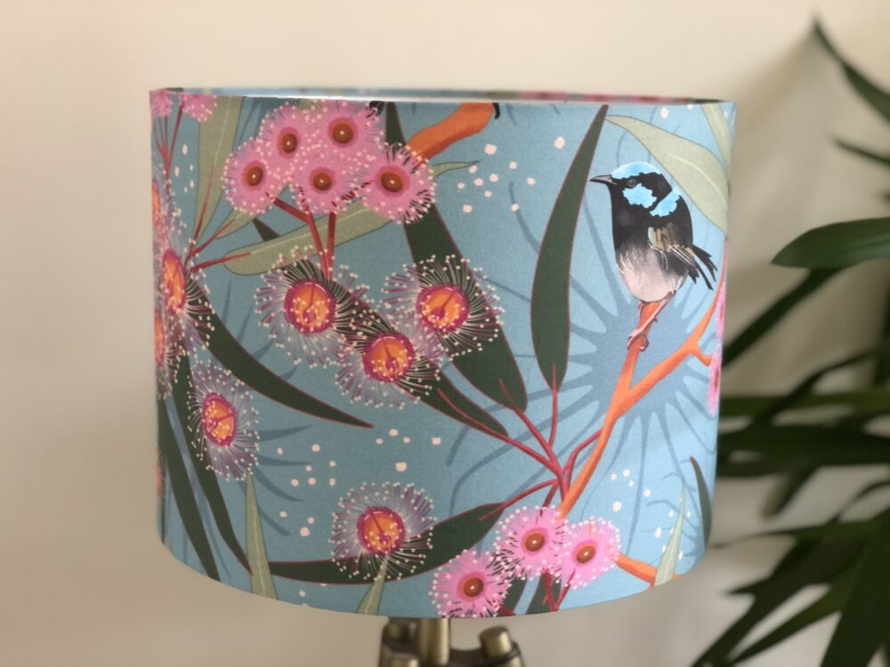 *light blue lampshade with bird and pink flowers