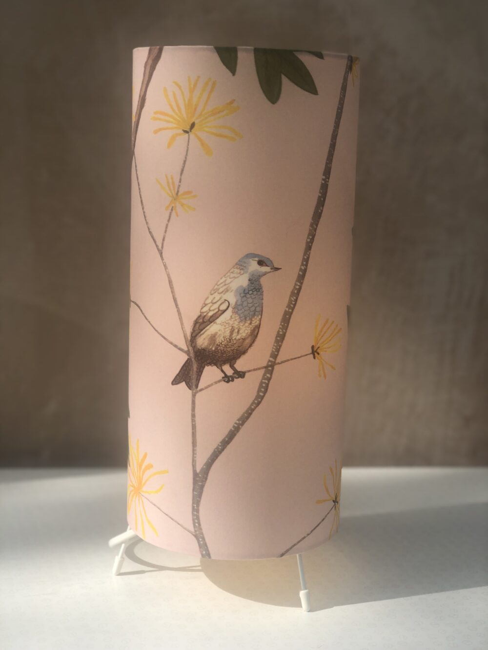 pink-fabric-lamp-with-blue-bird-and-yellow-flower