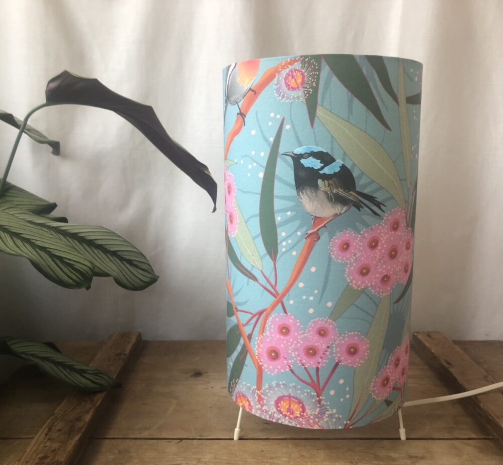 *tall blue bird and pink flower lamp