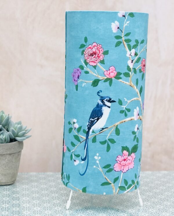 *turquoise chinoiserie fabric lamp with blue bird and pink flowers