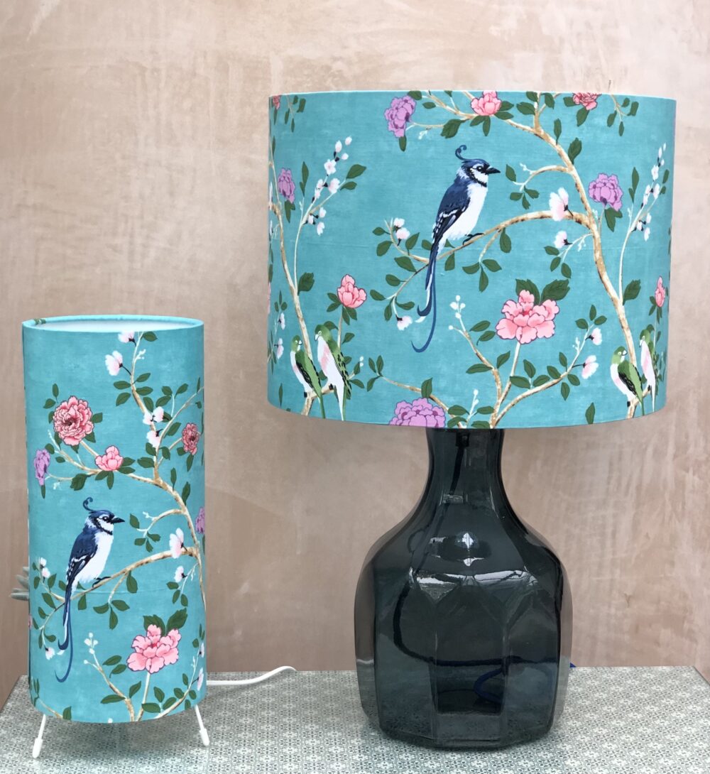*turquoise chinoiserie lamp and shade with bird and pink flowers