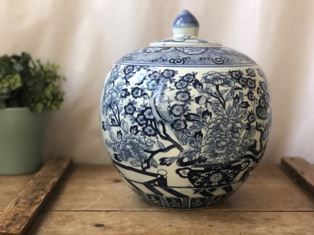 *large blue and white round chinoiserie ginger jar with bird and blossom