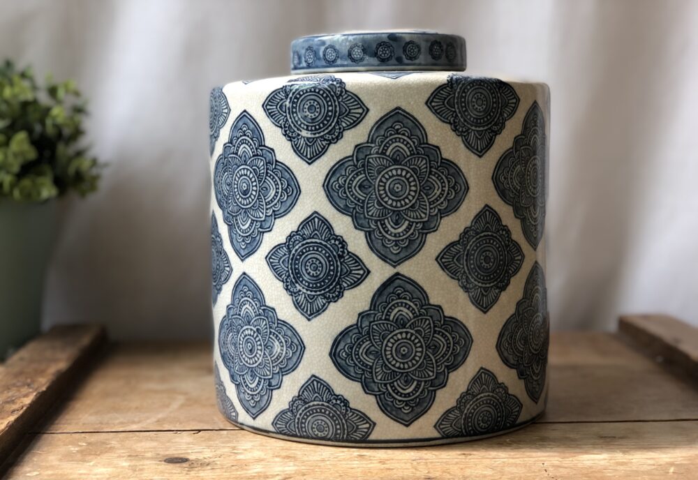*blue and white ginger jar with geometric pattern