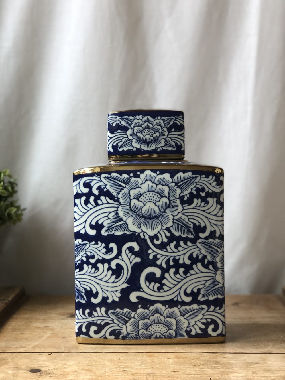 *blue and white rectangular ginger jar with peonies