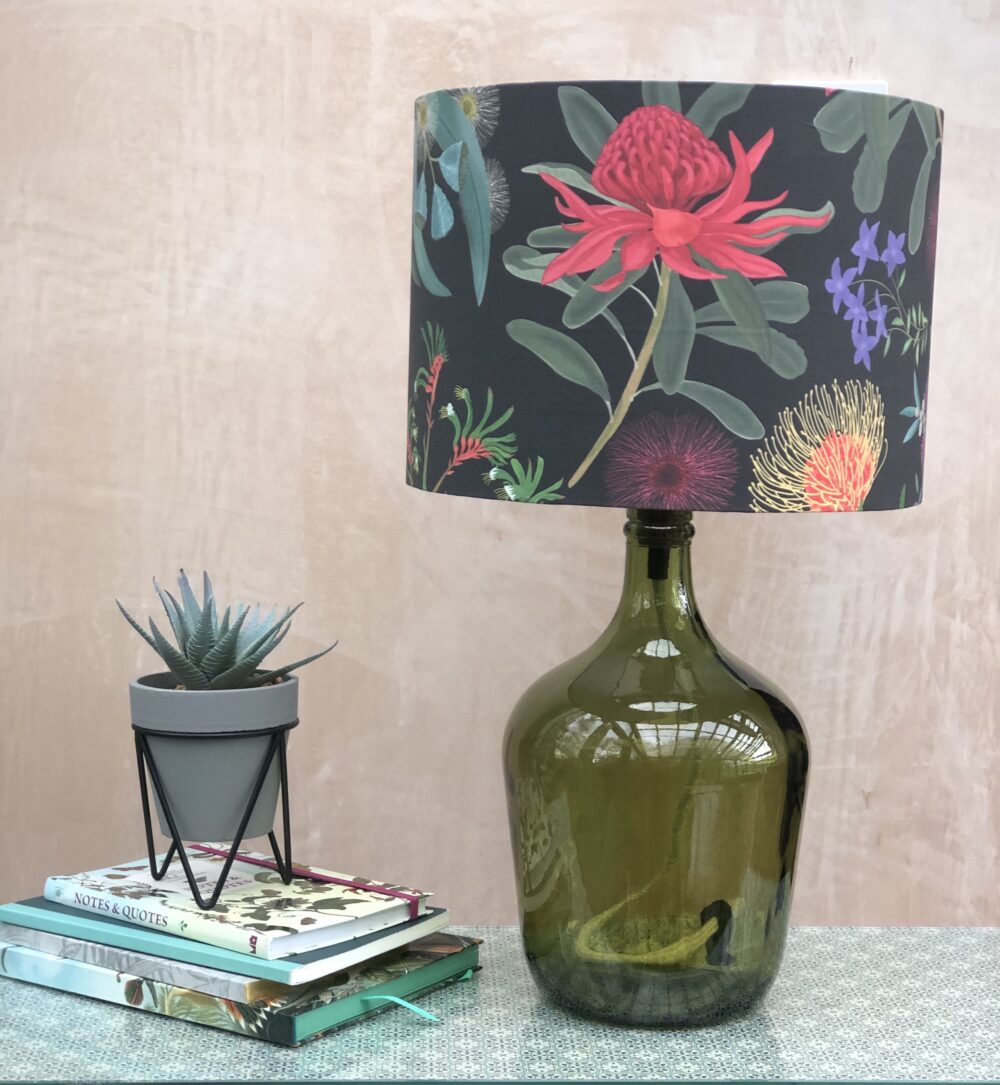 *black floral Australian botanicals lampshade on green recycled glass lamp