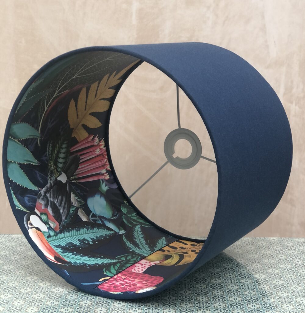 *navy lampshade with jungle paper viewed from side