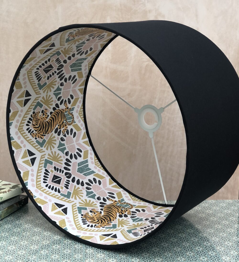 *black linen lampshade with lust home's clawdia tiger paper lining