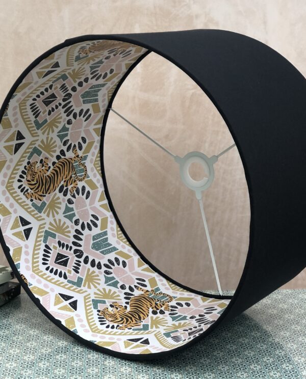 *black linen lampshade with lust home's clawdia tiger paper lining