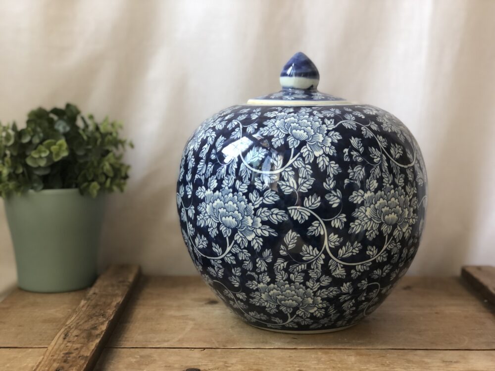 *large blue and white round chinoiserie ginger jar with peonies