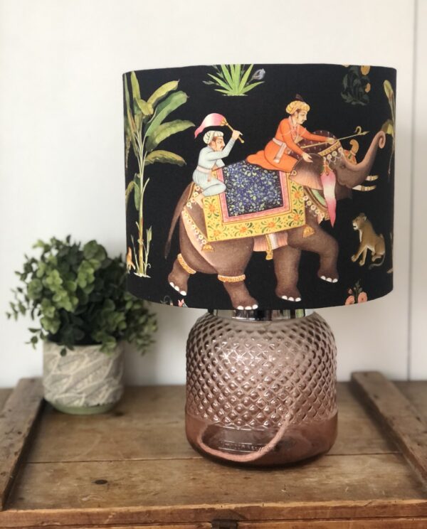 *indian maharaja lampshade in black on pink recycled glass base