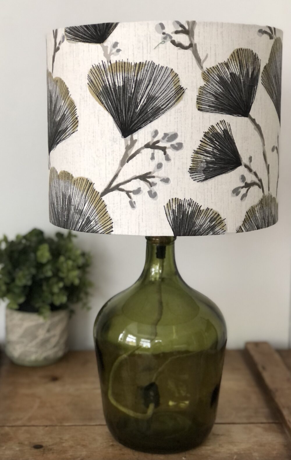 *cream linen lampshade with Japanese gingko flowers in olive and grey