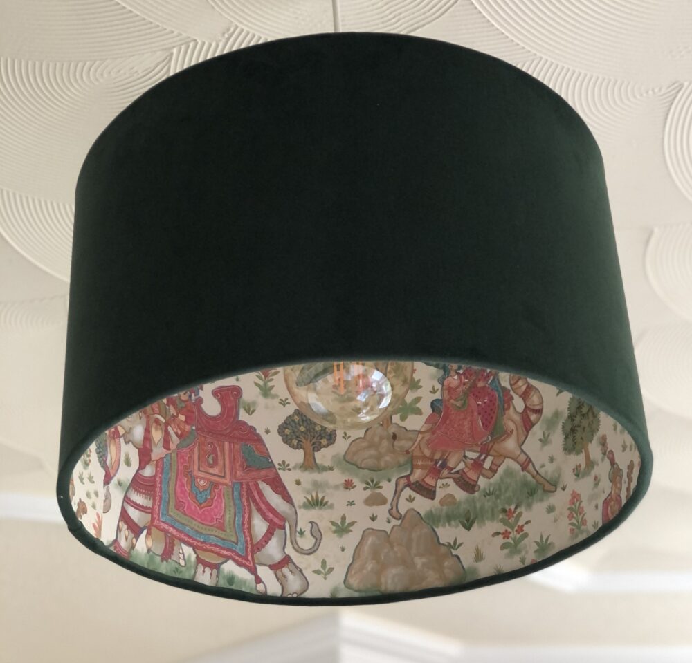 *emerald green plush velvet lampshade with indian maharaja lining in greens and pinks