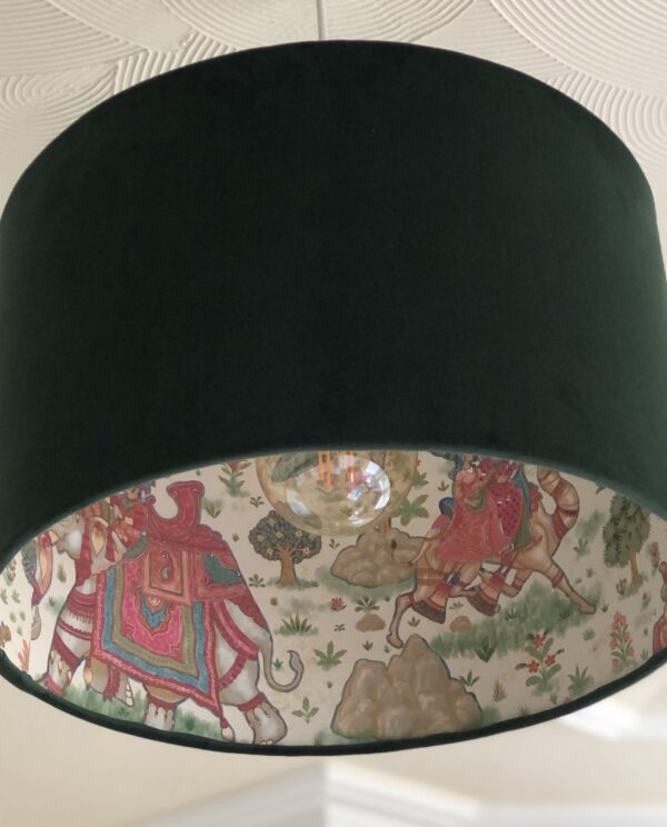 *emerald green plush velvet lampshade with indian maharaja lining in greens and pinks
