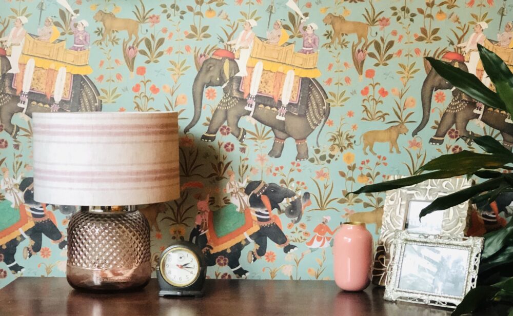 *new england stripe pink lampshade with elephant wallpaper