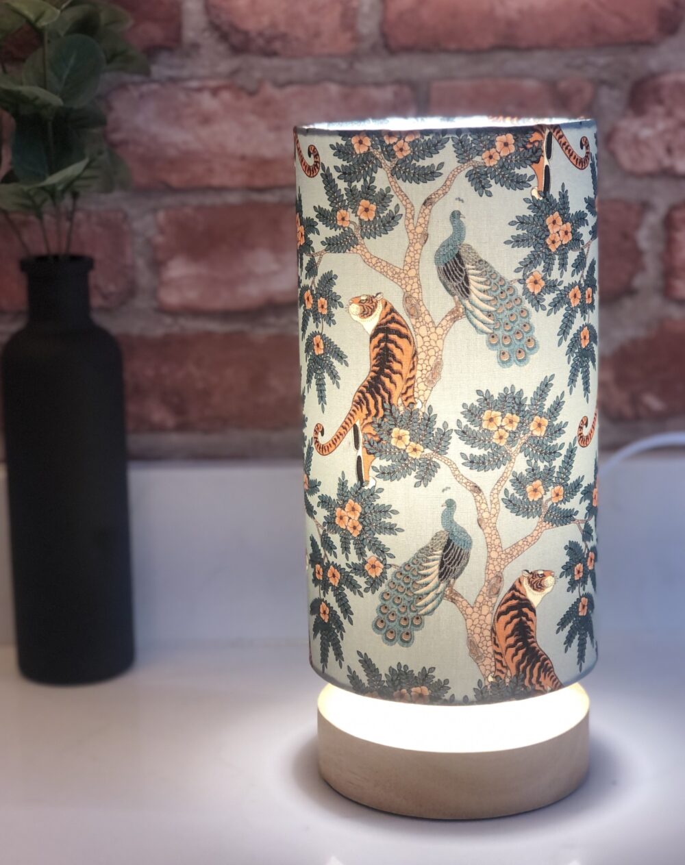 *stone blue fabric table lamp with tigers and peacocks