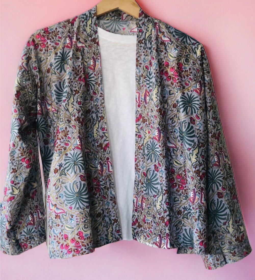 *lilac grey kimono jacket with flowers and butterflies