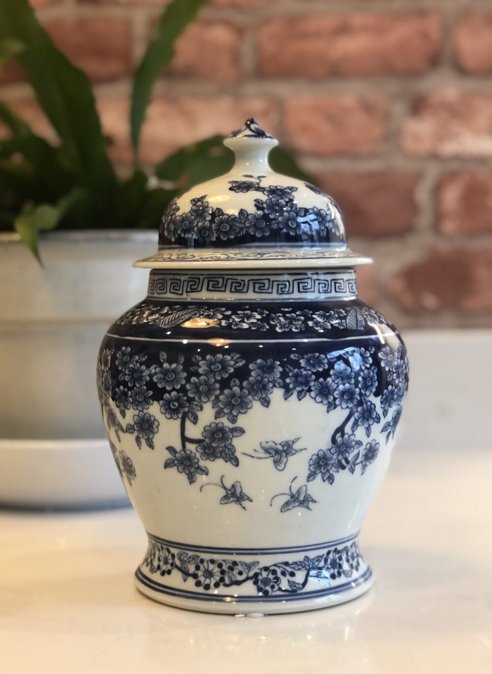 *blue and white ginger jar with butterflies and flowers