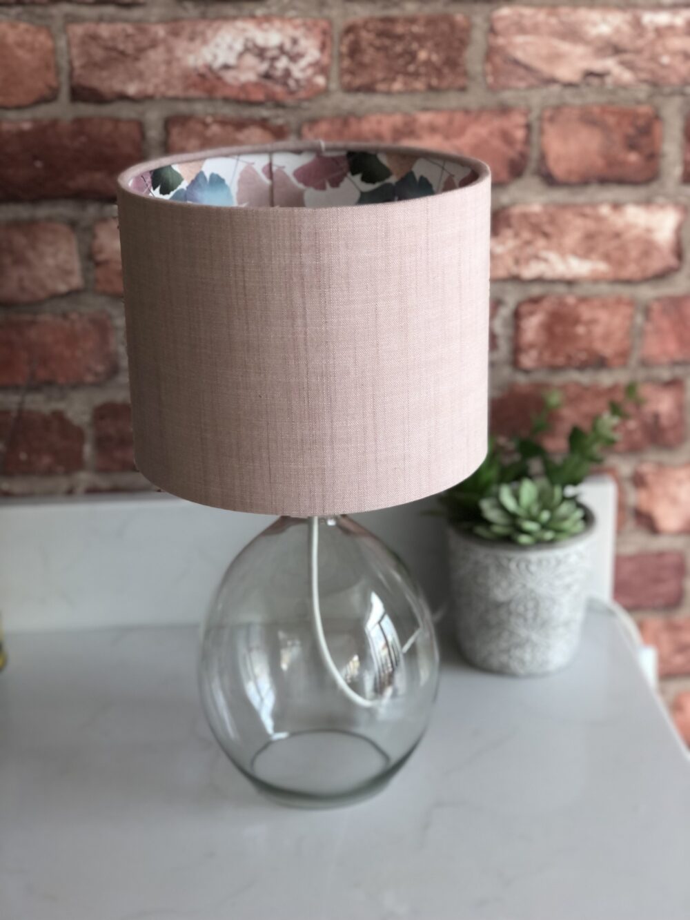 *glass table lamp with dusky pink shade and japanese ginkgo leaves