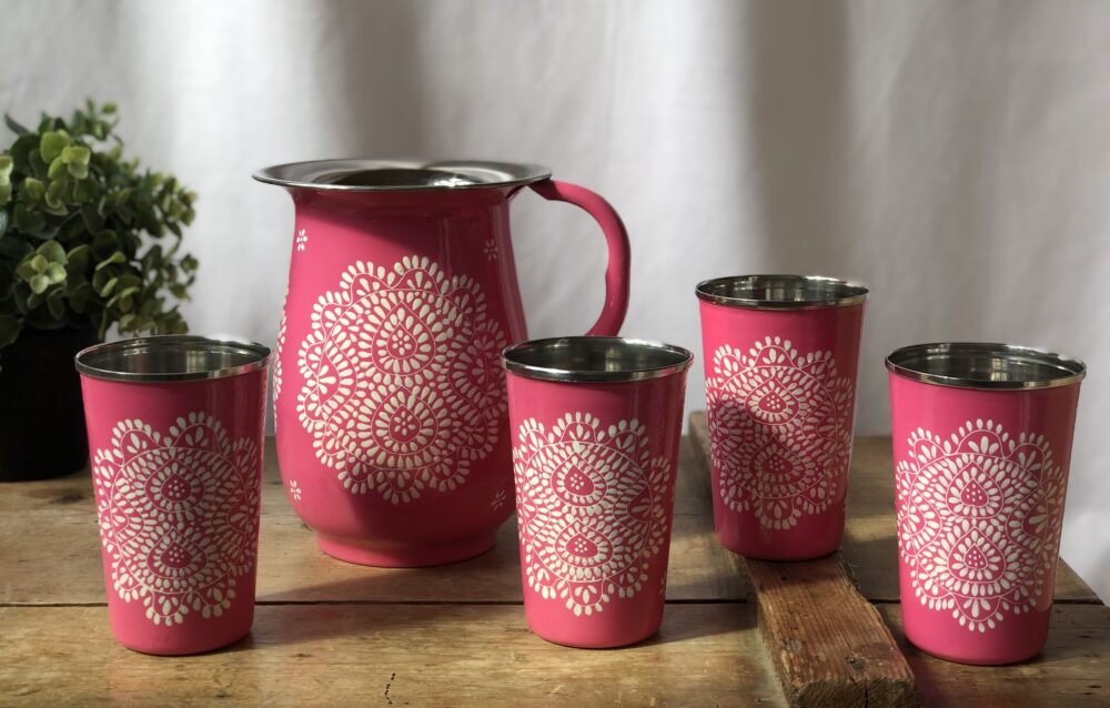*bright pink mandala enamelware jug and tumber set from kashmir