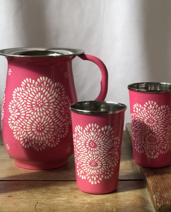 *bright pink mandala enamelware jug and tumber set from kashmir