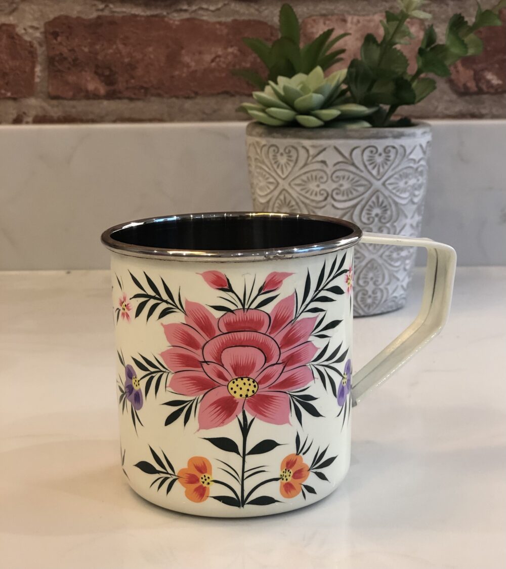 *cream floral enamelware mug from kashmir