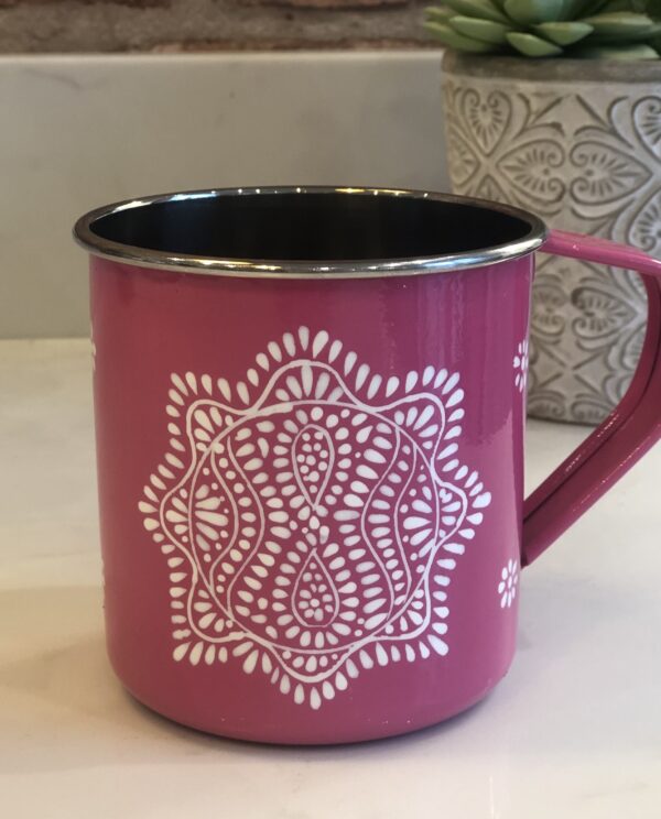 *bright pink enamelware mug with mandala