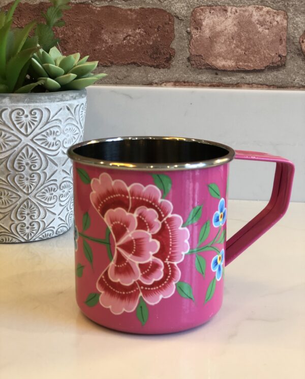 *bright pink floral enamelware mug from kashmir