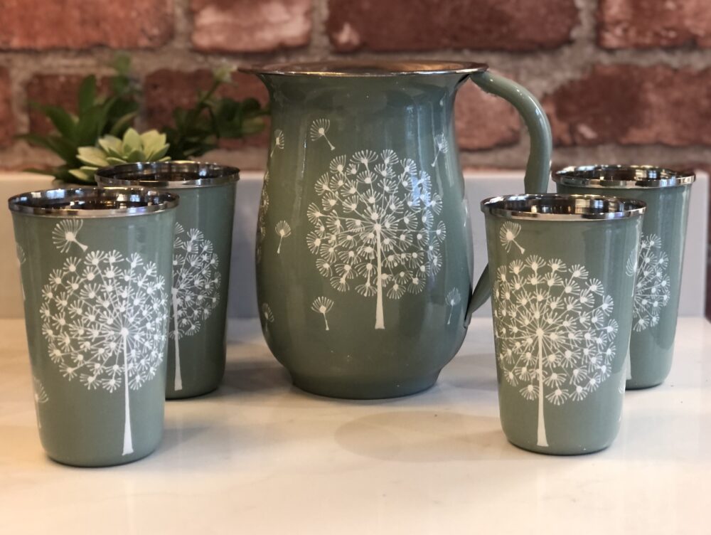 *sage green jug and tumblers with dandelion