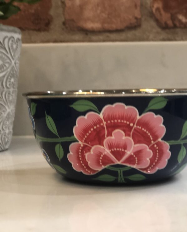 *dark blue enamelware snack maze bowl with flower