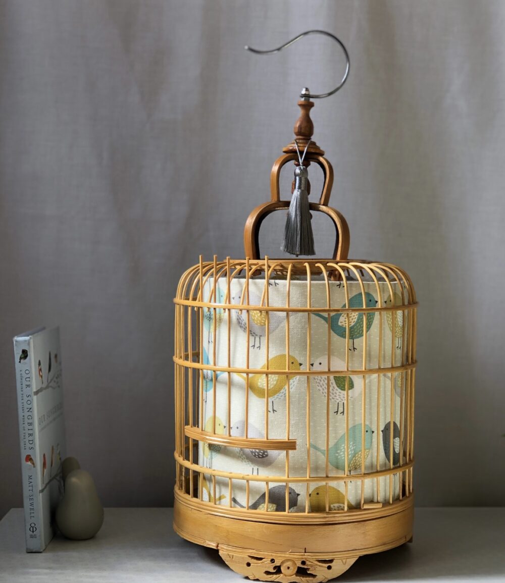 *bamboo birdcage lamp with bird fabric in grey and yellow