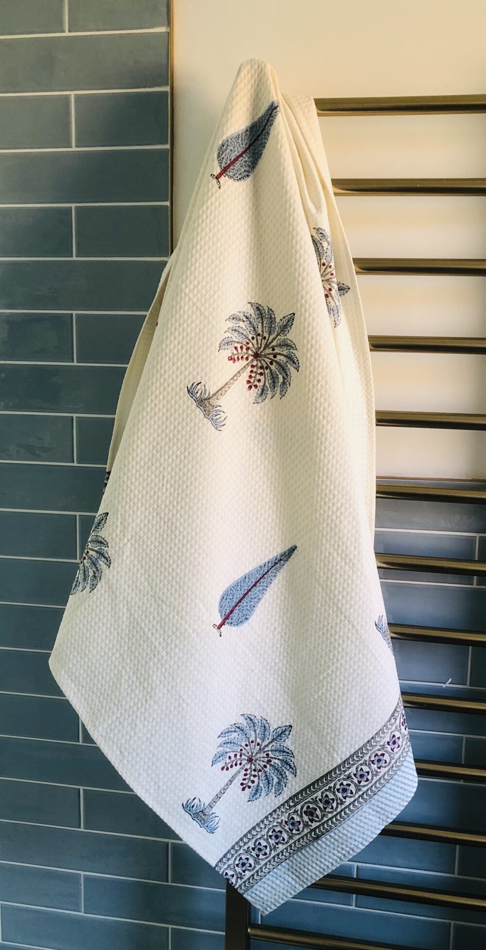 *indian block printed waffle towel with palm trees in blue and cream