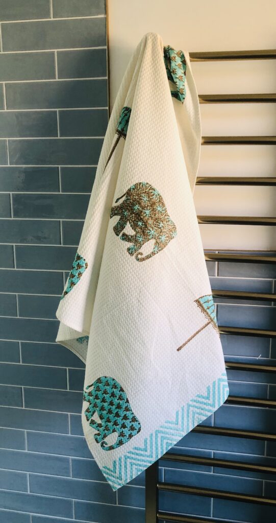 *indian block printed waffle bath towel with elephants and umbrellas