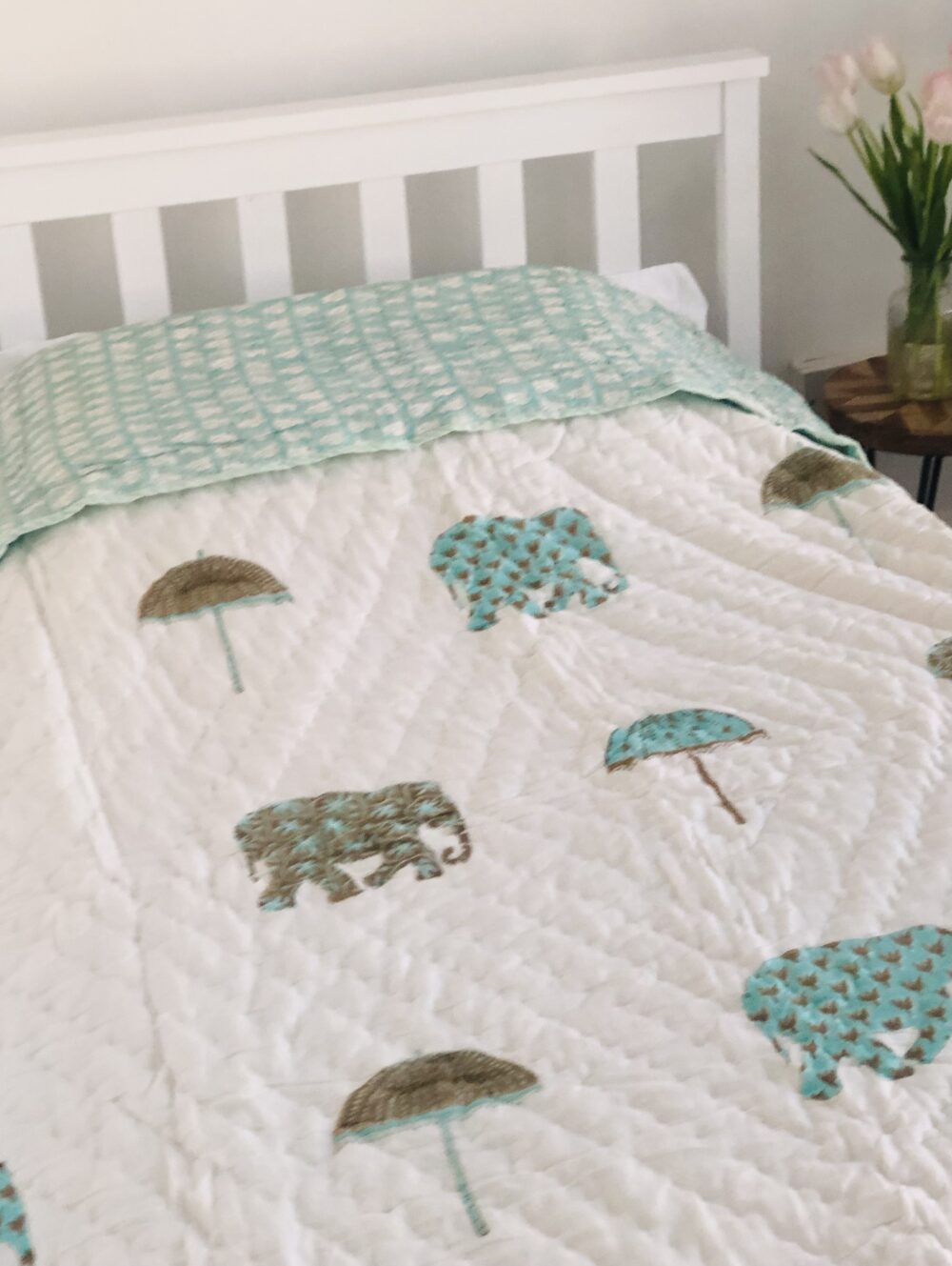 *indian block print quilt with elephants and umbrellas
